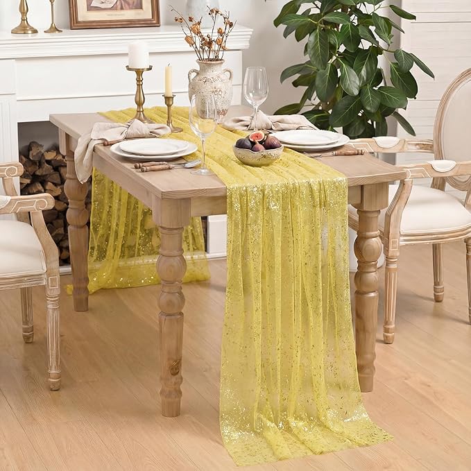 Horaldaily Yellow Gauze Tablecloth 60x140 Inch Rectangular, Golden Sequin Glitter Metallic Foil, Sheer Tulle Cheesecloth for Wedding Baby Shower Ceremony Birthday