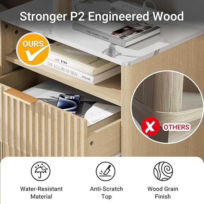 Fluted Nightstand with Charging Station, 18" Modern Night Stand with Faux Marble Top, 2 Drawers End Table with Storage, Bedside Table for Bedroom Living Room, Curved Profile (Natural Oak)