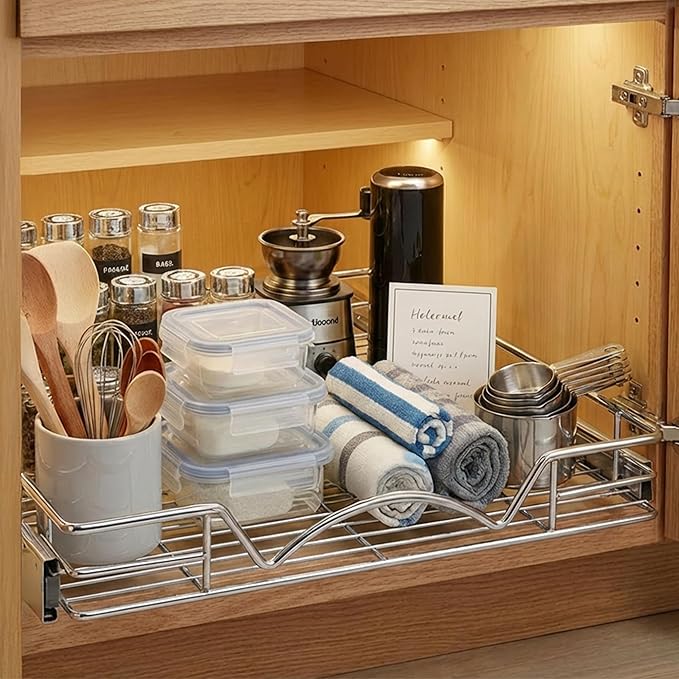 HOLDN' STORAGE Pull Out Cabinet Organizer - Heavy Duty Steel with Smooth Slide-Out Drawers, Chrome Finish - 20" W x 17" D Basket, Fits 21.25" Cabinet Opening