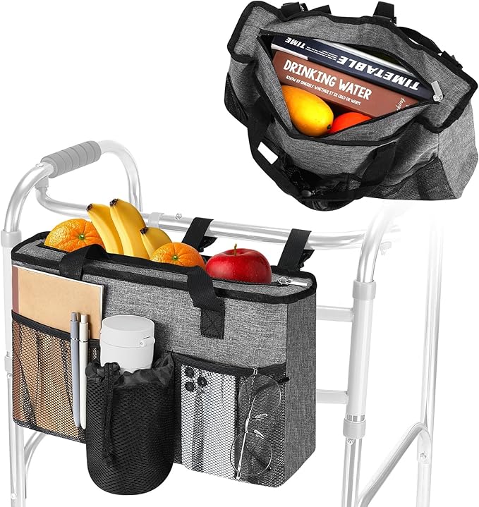 Rhino Valley Walker Bag, Large Capacity Walker Accessories Storage Bag with Multi Pockets & Cup Holder, Walker Basket with 4 pockets for Universal Walkers for Seniors, Gray