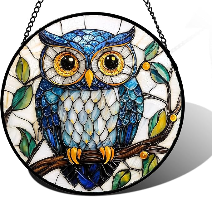 Stained Glass Window Hanging, Owl Gifts for Women Sun Catchers Diamond Glass Panel Hangings Birds Suncatcher Decor for Birthday for Women, Men, Wife, Aunt, and Mom 11.8x11.8 in