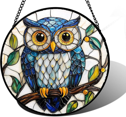 Stained Glass Window Hanging, Owl Gifts for Women Sun Catchers Diamond Glass Panel Hangings Birds Suncatcher Decor for Birthday for Women, Men, Wife, Aunt, and Mom 11.8x11.8 in