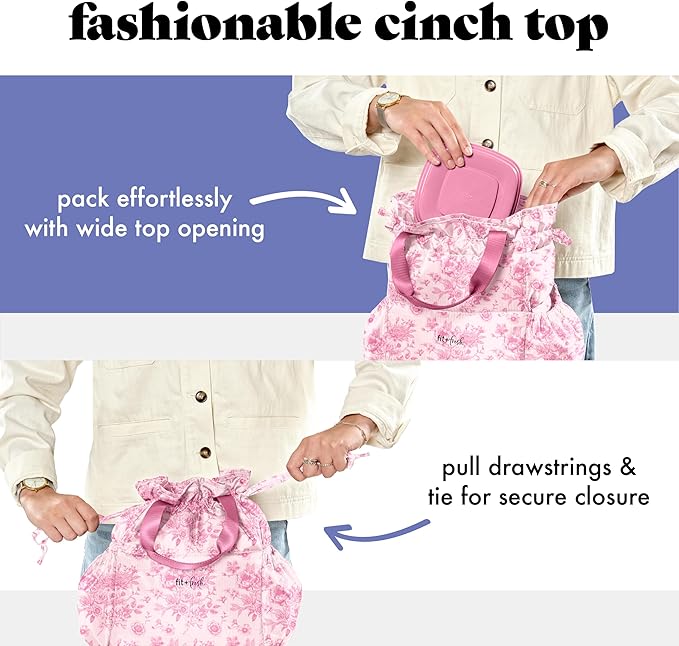Fit & Fresh Cromwell Drawstring Lunch Bag for Women, Complete Lunch Set with 2 Containers, Stain-Resistant, Leak-Resistant, Back to School Essential, Teacher Lunchbox, Pink Floral Toile