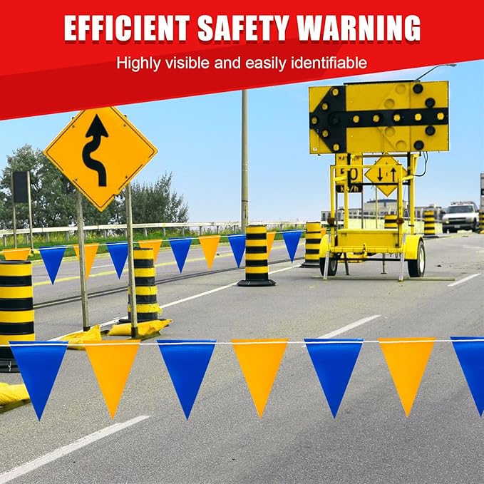 Safety Warning Pennant Banner Flags – Multipurpose 315FT OSHA High Visibility Colored Triangle Flags for Outdoor, Party, Roadwork, and Hazard Areas (BLUE+YELLOW, 135pcs, 315FT)