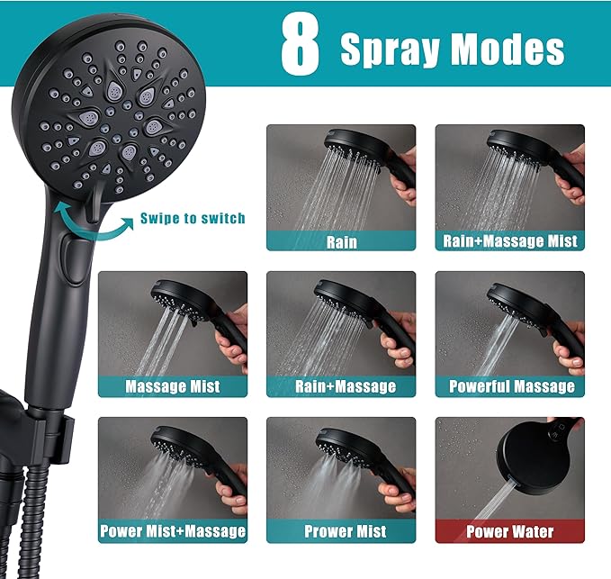 GwernKB Handheld Shower Head with on off Switch&Built-in Power Spray,7-Setting High Pressure Spray Shower Wand with 79in Long Hose&Bracket and Extra Adhesive Shower Holder for Lower Mount,Black