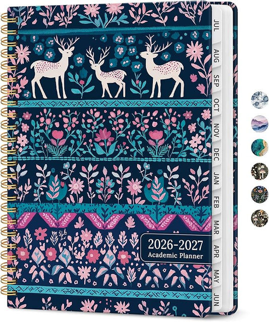 Planner 2026-2027, Academic Monthly and Weekly Calendar Planner for Women, July 2026 - June 2027, Hardcover Pretty Agenda Planner Book with Tabs, Spiral Daily Organizer for School Office Home Supplies, 6.3" x 8.5" - Nordic Forest