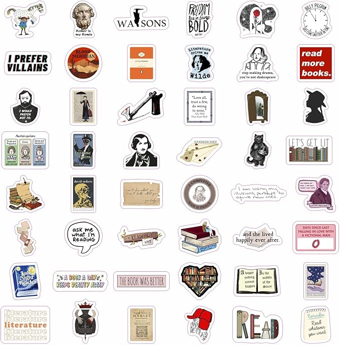 BulbaCraft 100Pcs Literature Stickers for Water Bottle and Laptop - Literary Party Favors & Decorations, Books Bookish Writing Poetry Reading Stickers, Book Lovers Gifts, Gifts for Women & Men
