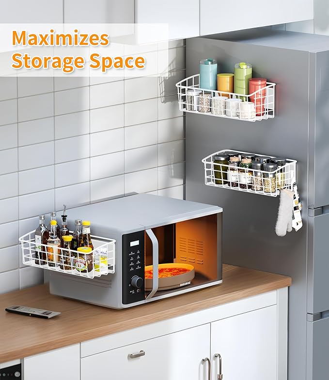 2PCS Magnetic Spice Rack for Refrigerator, Versatile Magnetic Shelf Organizer with 2 Hooks for Kitchen Storage, Large Capacity Spice Rack for Fridge, Oven - White