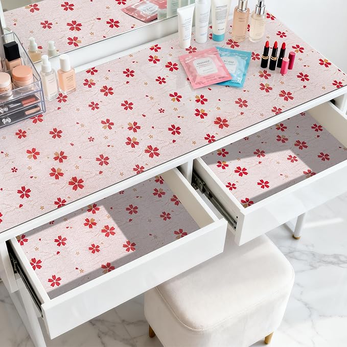 FIFTY FEET 12"x120" Non-Adhesive Shelf Liner for Kitchen Cabinets and Drawers, Washable Non-Slip PVC Cabinet Liner (Red Floral)(6 Roll)