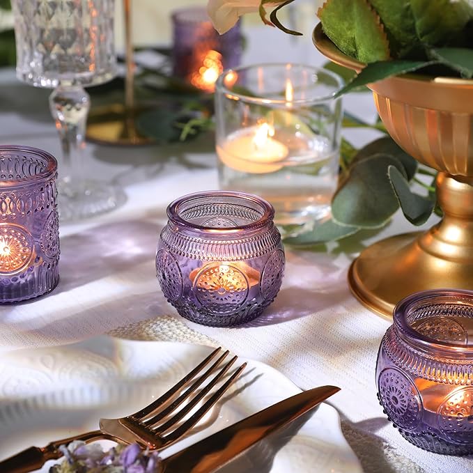 30pcs Assorted Purple Votive Candle Holders for Wedding Decorations, Boho Glass Tealight Candle Holder, Wedding Table Centerpieces, Bridal Shower Decorations, Retro Purple Party Decor, Party Favors