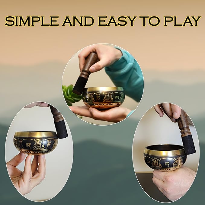 Tibetan Singing Bowl Set: 4.5 Inch Sound Healing Bowl Gift Set, Made in Nepal: For Meditation, Mindfulness, Reiki, Yoga, Chakra Balancing, Spiritual and Zen Decor, and Improved Focus and Relaxation