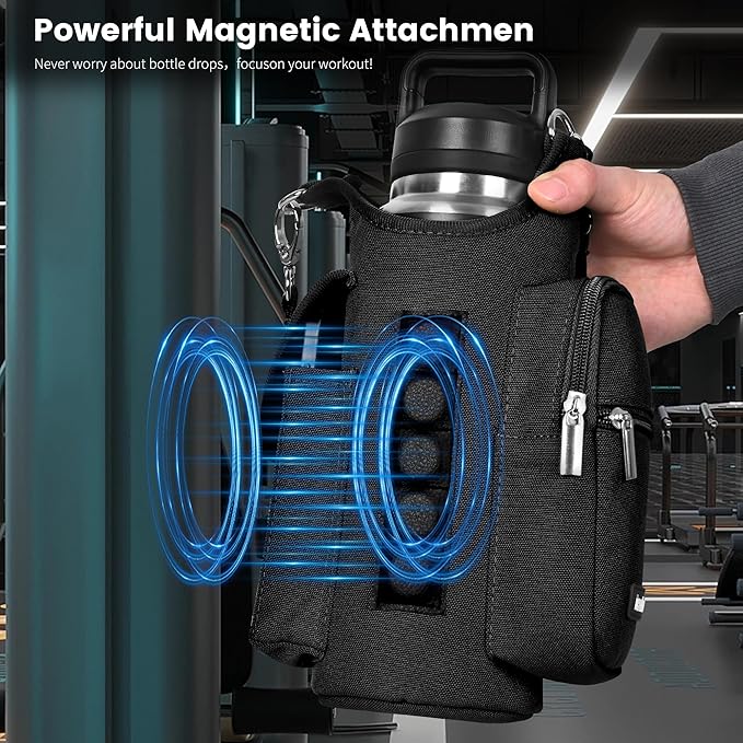 icolor Magnetic Gym Bag Water Bottle Carrier Holder with Phone Pockets & Shoulder Strap,Gym Magnetic Bag 5 Built-in Magnets Gym Accessories Organizer Sling Bottle Bag Pouch Sleeve