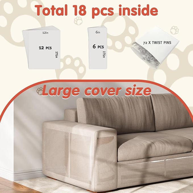 Secopad 18 PCS Large Cat Scratch Furniture Protector, Transparent Couch Protector from Cat Claws, Single-Sided Self Adhesive Anti Pet Deterrent Sofa Cover, 17IN