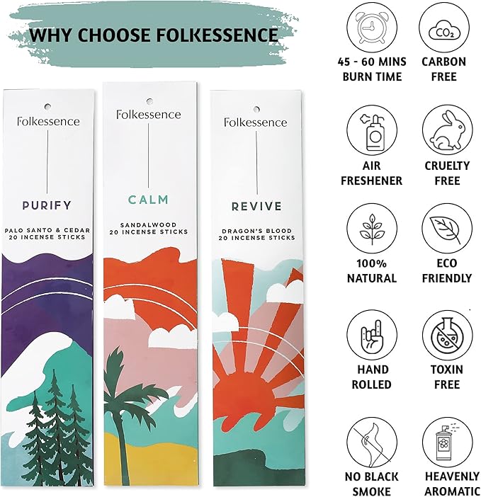 Folkulture Incense Sticks for Home | Set of 6 (120 Non Toxic Insence-Sticks) with 45 Mins Burn Time | Organic Lavender, Palo Santo and Cedar, Patchouli, Sandalwood | Nag Champa Inscents-Sticks