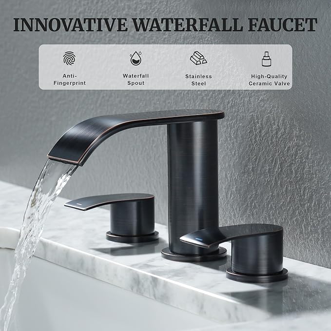 Ultimate Unicorn 8 inch Bathroom Faucet Oil Rubbed Bronze, Waterfall Bathroom Sink Faucet with Metal Pop-up Drain Stopper and 2 Supply Hoses,2 Handle Widespread Faucets for Vanity Sink 3 Holes