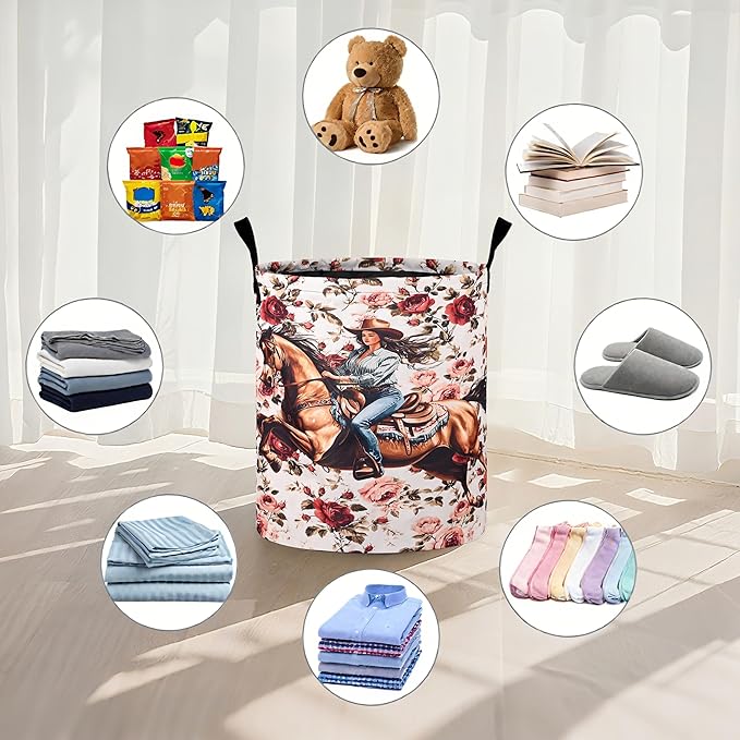 Western Girl Floral Laundry Basket Laundry Hamper With Handles Collapsible Laundry Baskets Storage Basket For Room Bathroom Bedroom Decor