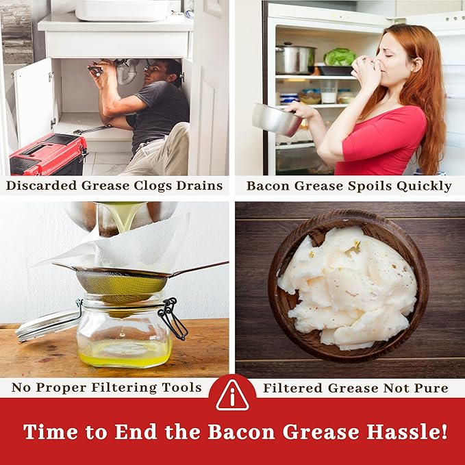 Ayerphalo Bacon Grease Container with Strainer - With Food-Grade Silicone Spatula, 24oz Enamel Rustic Farmhouse Fat Container, Keeper, Recipes, Dishwasher Safe