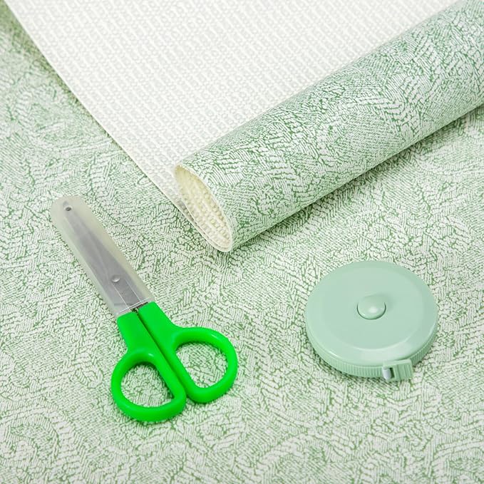 18X480 Inch Shelf Liner with Scissor & Tape Measure for Kitchen Cabinets, PVC Drawer Liner for Dresser Non-Slip Bathroom, Non-Adhesive Cabinet Liner Washable (Green)