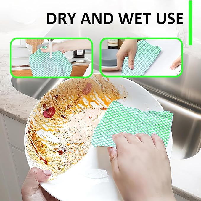 Disposable Dish Cloths Heavy Duty Disposable Cleaning Cloths for Kitchen Multi-Purpose Green Dish Rags 100 Count/Pack