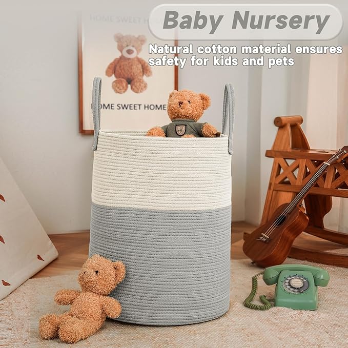 Large Woven Laundry Basket Hamper, 60L Cotton Rope Storage Bin for Blankets, Toys, and Clothes, Decorative Tall Nursery Hamper for Living Room, Baby Nursery, Bathroom, and Bedroom, White and Grey