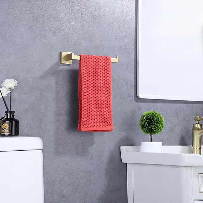 LANC Bathroom Hand Towel Holder Brushed Gold Hand Towel Bar 10 Inch Right Side Square Towel Ring for Kitchen Restroom Wall Mounted Stainless Steel Modern Towel Racks Hanger, A8806BG