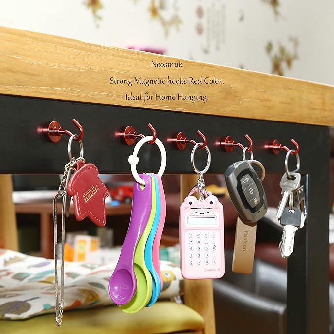 Neosmuk Magnetic Hooks, Heavy Duty 30lb+ Strong Magnet Hook for Cruise Cabins, Cruise Ship Essentials for Hanging, Metal Wall Refrigerator Hangers (Red, 15 Pack)