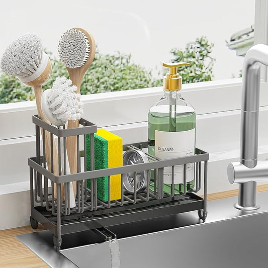 Cisily Charcoal Gray Sponge Holder for Kitchen Sink, Sink Caddy Organizer with High Brush Holder, Kitchen Countertop Organizers and Storage Essentials, Rustproof 304 Stainless Steel
