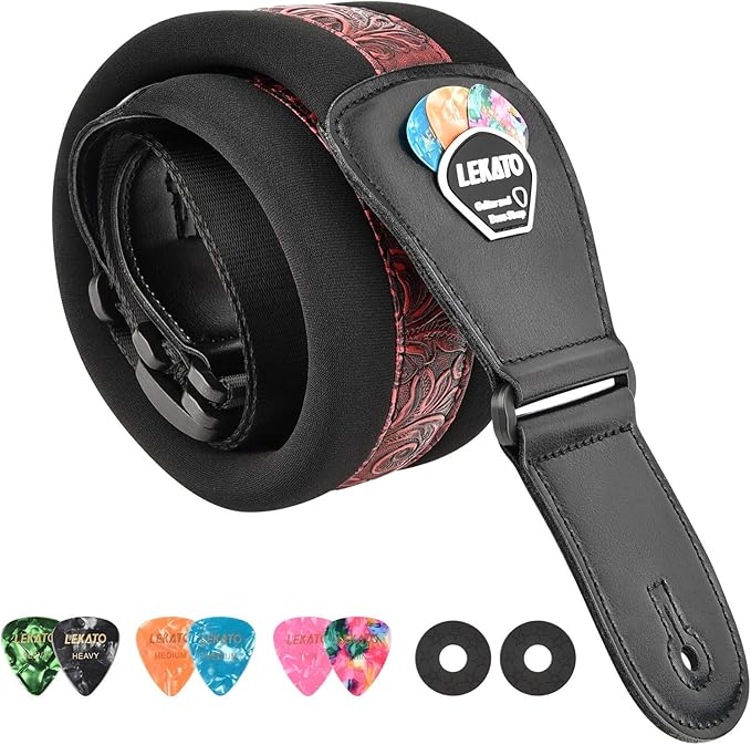 LEKATO Bass Guitar Strap - 3" Wide, Padded, Adjustable 45" to 55", With Pick Holder & 2 Safety Strap Locks