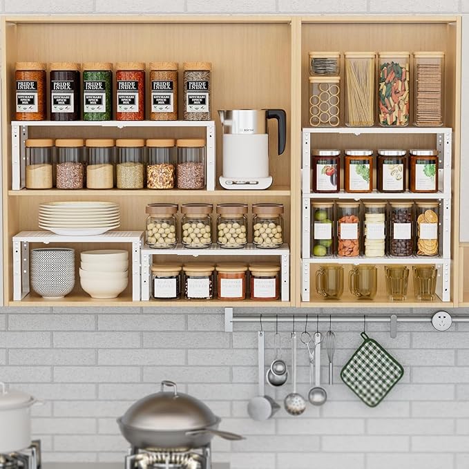 Expandable Spice Rack Kitchen Cabinet Shelf Organizer, Stackable Storage Shelves Racks, Adjustable Counter Shelving for Cabinets, Countertop, Cupboard, Pantry and More (3 Packs/White/Medium)