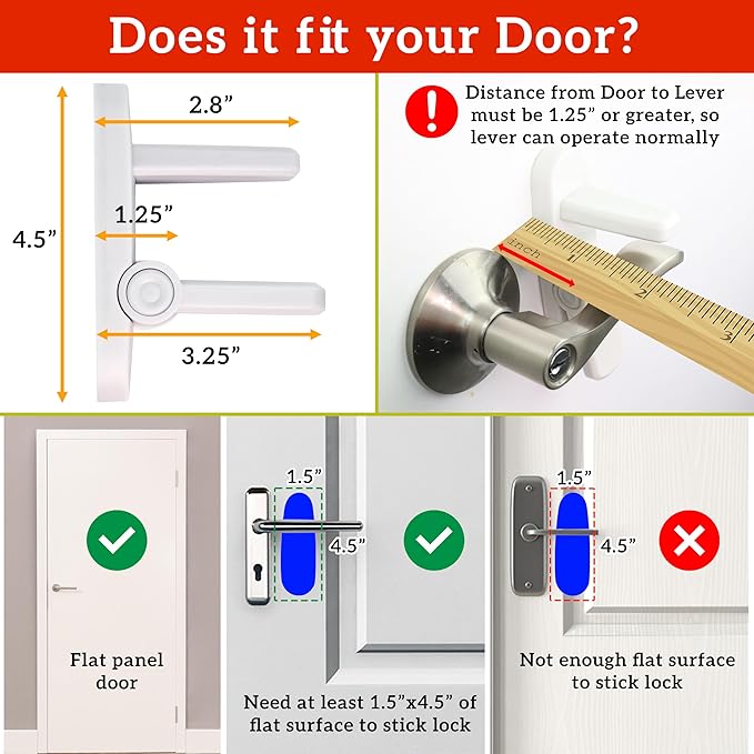 Door Lever Lock (4 Pack) Prevents Toddlers from Opening Doors. 3.25" L * 1.5" W * 4.5" H Easy One Hand Operation for Adults. Durable ABS with 3M Adhesive Backing. Simple Install (Black)
