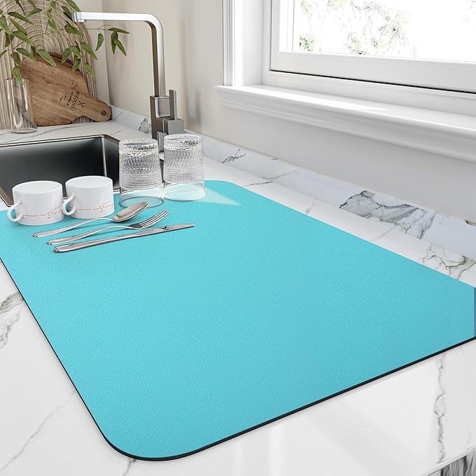 HotLive Dish Drying Mat for Kitchen Counter, Heat Resistant Drainer Mats with Non-slip Rubber Backing, Stain Hiding Kitchen Super Absorbent Draining Mat, Easy to Clean Dish Rack Pad, Teal 18"x24"