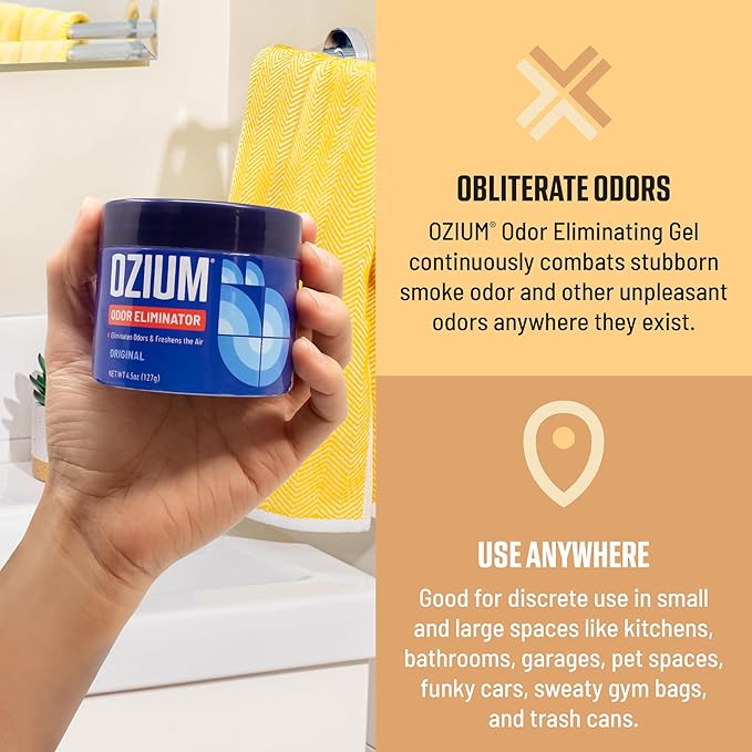 Ozium Odor Eliminating Gel - 4.5oz Air Freshener Alternative for Smoke, Pets, and Musty Odors - Long Lasting Odor Remover for Cars, Homes, Closets and Small Spaces - Vanilla