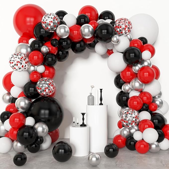 Amandir 153pcs Red Black and White Balloon Arch Garland Kit Different Sizes 18 12 10 5inch Silver Latex Metallic Confetti Graduation Balloons for Birthday Wedding Movie Night Casino Party Supplies