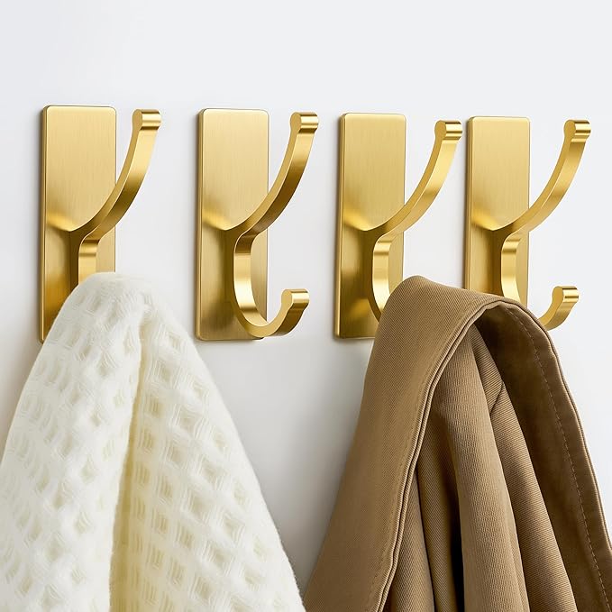 pickpiff Adhesive Wall Hooks with Strip - No Residue, Easy to Remove, Strong Heavy Duty Sticky Towel Hook, 8 Pack Brushed Gold