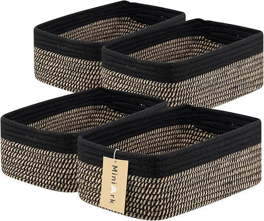 MiniArk Small Storage Baskets for Organizing | Closet Organizer Bins | Shelf Toy Basket | Woven Rope Baskets | Cube Decorative Box | Shallow Basket | 13x8.5x5.1” | 4 Packs Black Brown