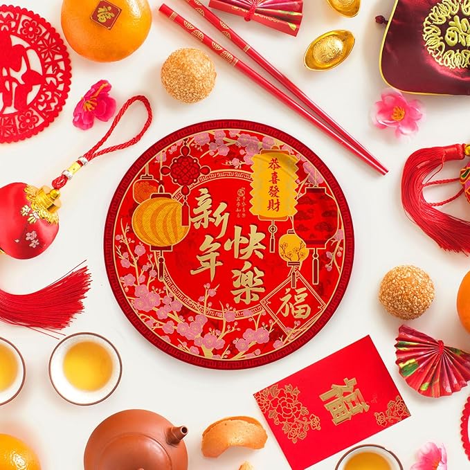 Chinese New Year Party Supplies Kit: Happy New Year Design Decorations Set with Disposable Plates, Napkins, Cups, Tablecloth, and Festive Banner - for Lunar New Year Celebrations Serves 25.