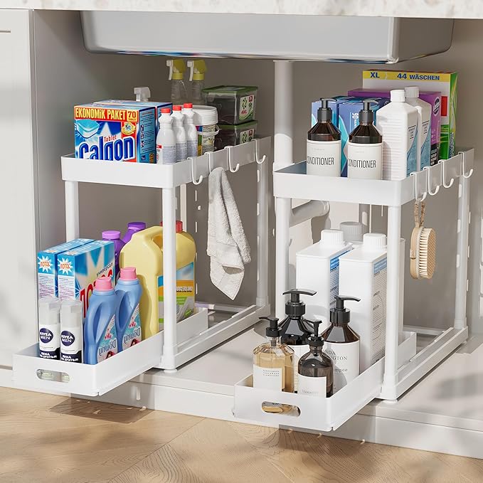 2 Pack Pull-Out Storage Organizers, Under Sink Organizer and Storage for Bathroom & Kitchen, Multi-Purpose Under Cabinet Organizers and Storage, Black