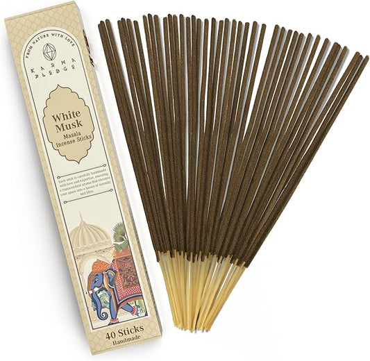 Incense Sticks, White Musk Incense, Made with Natural Ingredients, Hand Rolled Aromatic Masala, 40 Stick Pack, 45-60 Minute Burn Time, Best for Home Fragrance, Meditation, Yoga, Spiritual Healing