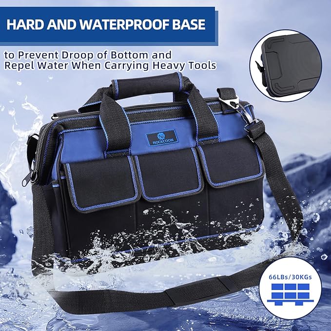 Tool Bag 16'', Multi-pocket Tool Organizer with Water Proof Plastic Base, Heavy Duty Tote with Shoulder Strap for Tool Storage, Black & Blue
