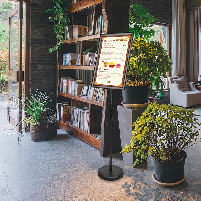 YIYO Adjustable Pedestal Poster Sign Stand,11 x 17 Advertising Business Menu Sign Holder for Floor Standing with Aluminum Snap-Open Reusable Frame,Black (11 x 17)