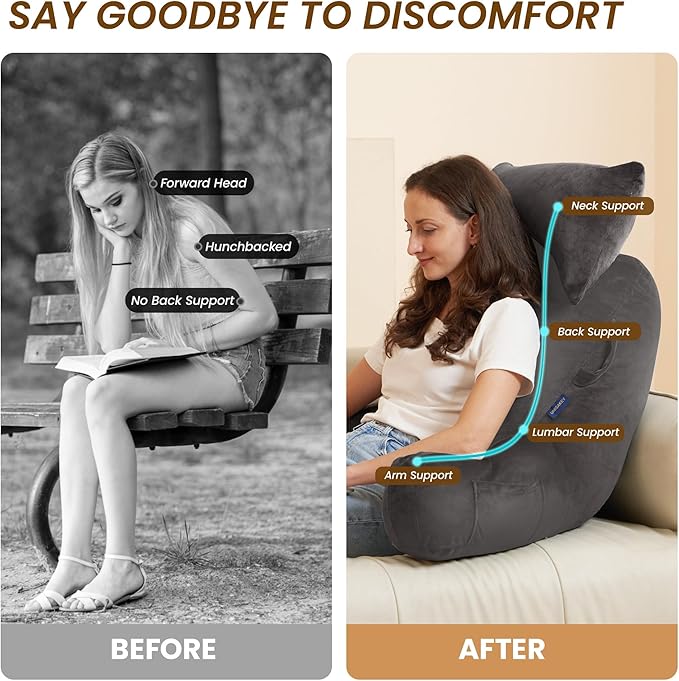 Portable Reading Pillows with Headrest for Bed Sitting Up(Light Grey Oeko-Tex), Velvet Back Pillow with Arms & Pockets for Adults, Support Memory Foam Bed Pillow for Dorm/Watching/Gaming