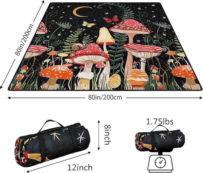 Mushroom Picnic Blankets Waterproof Foldable Picnic Outdoor Blanket 80"x 80" Picnic Mat 3-Layer Thicking Outdoor Foldable Blankets Sandproof Lightweight Beach Blankets with Strap Machine Washable