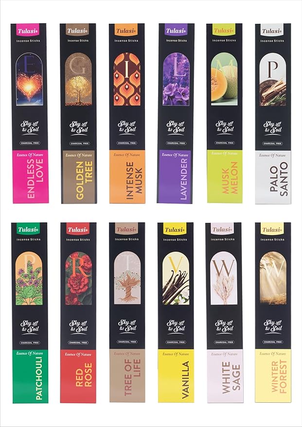 Tulasi Incense Sticks Gift Set – 144 Natural Scented Sticks (12 Fragrances) – Aromatherapy, Meditation, Yoga, Stress Relief, Air Purification – Long-Lasting Fragrance Gift Box (40g), Thanks Giving
