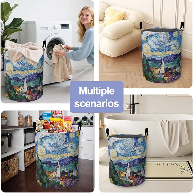 Retro Watercolor Village Laundry Basket-Large Foldable Hamper Holder Portable Tall Collapsible Laundry Hamper Storage Basket Bin with Handles, Canvas & Waterproof lining for Household Items