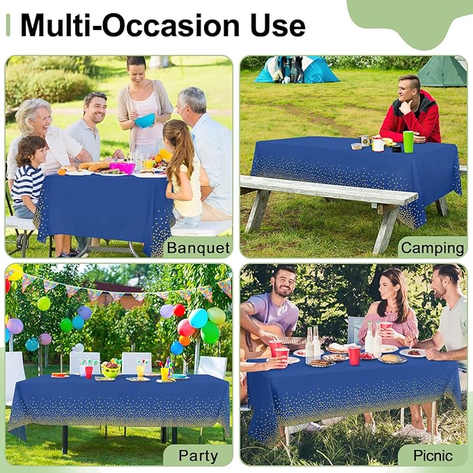 misaya 3 Packs Dot Disposable Table Cloth, 54 x 108 Inch Waterproof Plastic Tablecloth, Rectangle Gold Dots in Navy Table Covers for Picnic, Birthday, Party