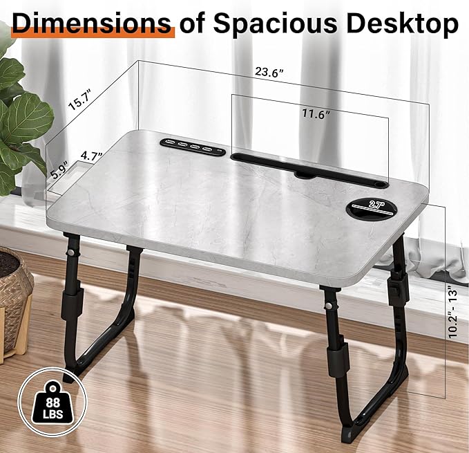 Laptop Desk for Bed Height Adjustable, Lap Bed Table with USB/Storage Drawer/Cup Holder/Tablet Stand/Book Shelf, Foldable Breakfast Tray Portable for Reading Writing, Sofa & Floor, Light Stone Texture