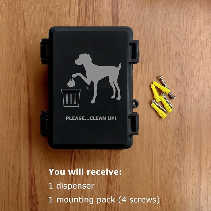 Dog Poop Bag Dispenser Wall Mounted Waterproof Outdoor Pet Waste Bags Dispenser Station with Cute Doggie Poo Images Post, Pole, Fence Mountable fits Home, Porch, Patio, Yard (Black, Dispenser Only)