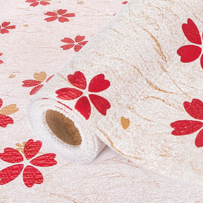 FIFTY FEET 18"x96" Non-Adhesive Shelf Liner for Kitchen Cabinets and Drawers, Washable Non-Slip PVC Cabinet Liner (Red Floral)(6 Roll)