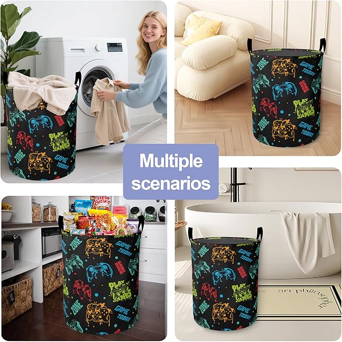 Laundry Basket, Color Game Console Large Canvas Fabric Lightweight Storage Hamper Organizer Dirty Clothes Collapsible Waterproof for College Dorms, Bathroom