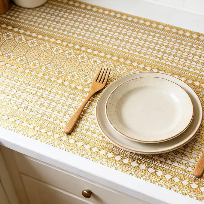 Drawer and Shelf Liner - Gold Geometric Lace Pattern,Non Adhesive Non Slip Waterproof Easy-Clean Shelf Liner for Kitchen Cabinet, Refrigerator, Bathroom, Pantry Storage Drawers, 17 in x 20 Ft